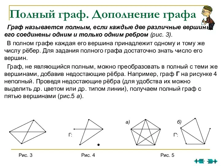 Полный граф. Дополнение графа Граф называется полным, если каждые две различные