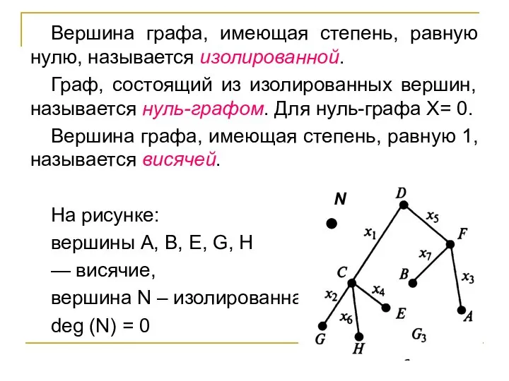 Вершина графа, имеющая степень, равную нулю, называется изолированной. Граф, состоящий из