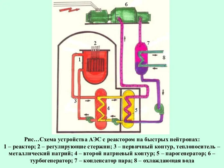 Рис…Схема устройства АЭС с реактором на быстрых нейтронах: 1 – реактор;