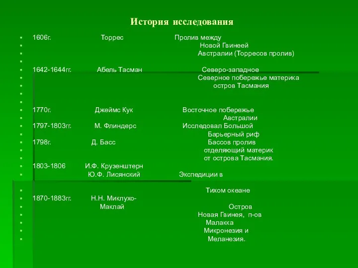 История исследования 1606г. Торрес Пролив между Новой Гвинеей Австралии (Торресов пролив)