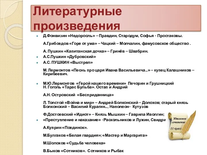 Литературные произведения Д.Фонвизин «Недоросль» – Правдин, Стародум, Софья - Простаковы. А.Грибоедов