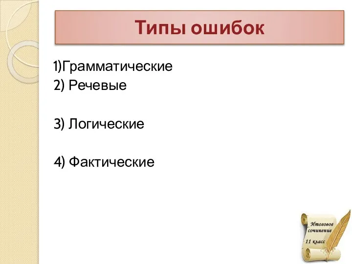 Типы ошибок 1)Грамматические 2) Речевые 3) Логические 4) Фактические