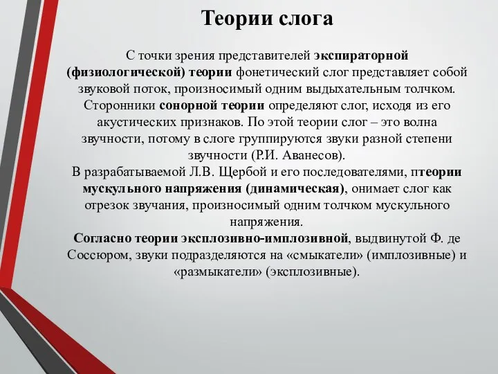 Теории слога С точки зрения представителей экспираторной (физиологической) теории фонетический слог