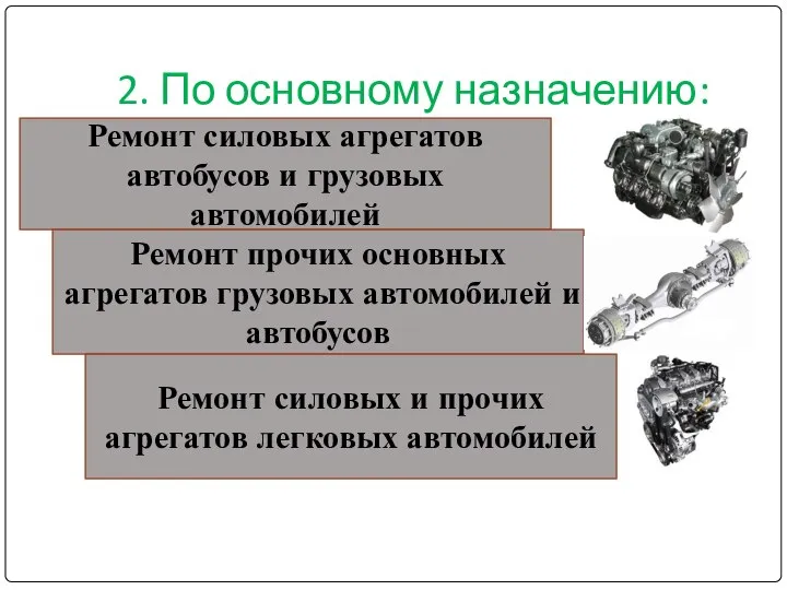 2. По основному назначению: Ремонт силовых агрегатов автобусов и грузовых автомобилей