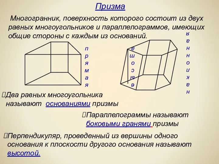 Многогранник, поверхность которого состоит из двух равных многоугольников и параллелограммов, имеющих