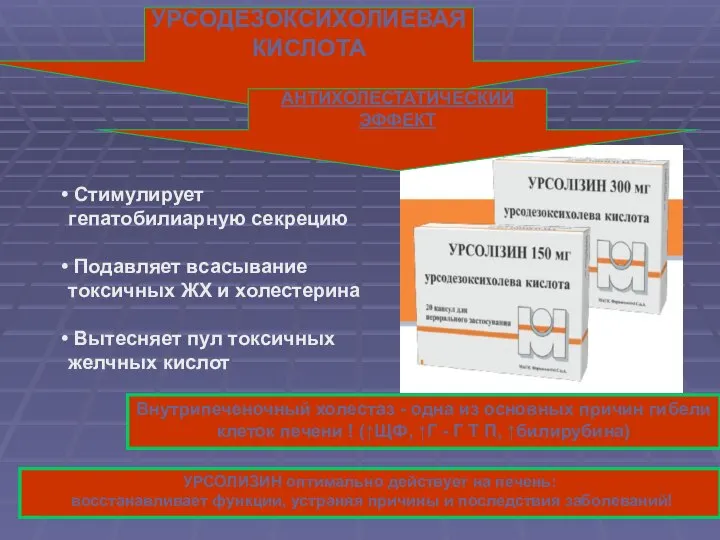 УРСОДЕЗОКСИХОЛИЕВАЯ КИСЛОТА АНТИХОЛЕСТАТИЧЕСКИЙ ЭФФЕКТ УРСОЛИЗИН оптимально действует на печень: восстанавливает функции,