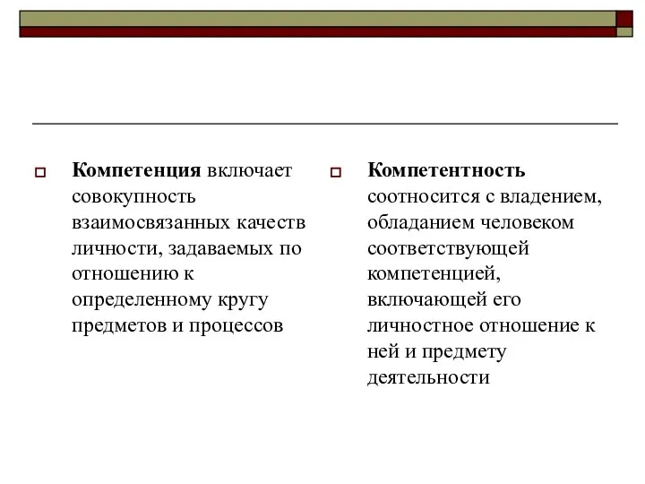 Компетенция включает совокупность взаимосвязанных качеств личности, задаваемых по отношению к определенному