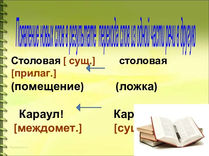 Столовая [ сущ.] столовая [прилаг.] (помещение) (ложка) Караул! Караул [междомет.] [сущ.]