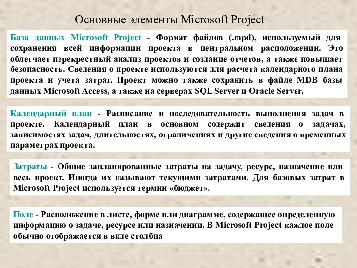 Основные элементы Microsoft Project База данных Microsoft Project - Формат файлов