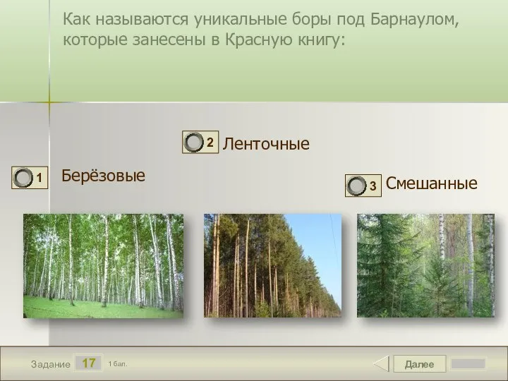 Далее 17 Задание 1 бал. Как называются уникальные боры под Барнаулом,