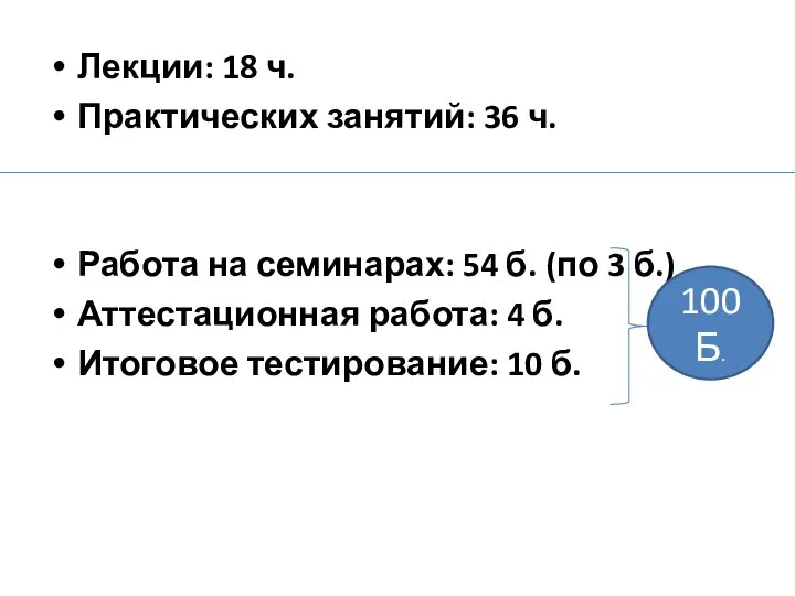 Лекции: 18 ч. Практических занятий: 36 ч. Работа на семинарах: 54