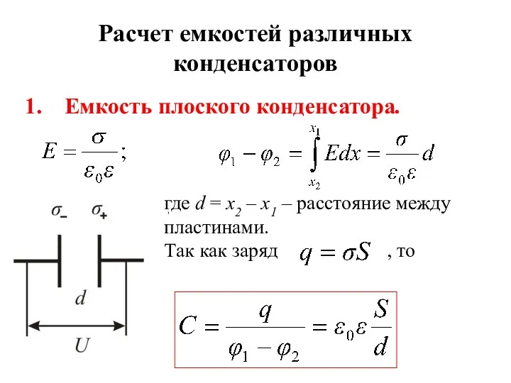 Расчет емкостей различных конденсаторов Емкость плоского конденсатора. где d = x2