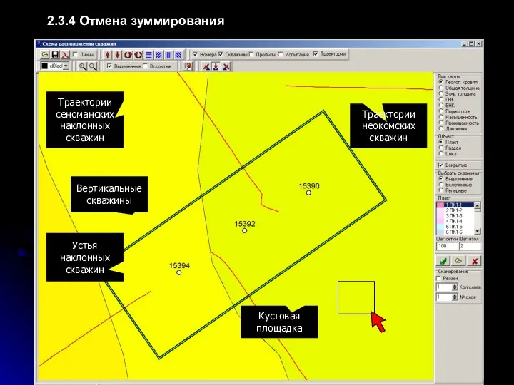 2.3.4 Отмена зуммирования Кустовая площадка Вертикальные скважины Устья наклонных скважин Траектории