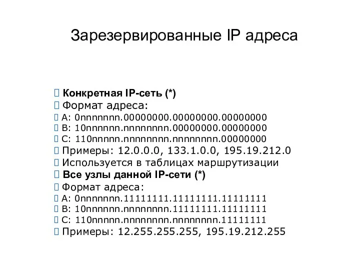 Зарезервированные IP адреса  Конкретная IP-сеть (*)  Формат адреса: 