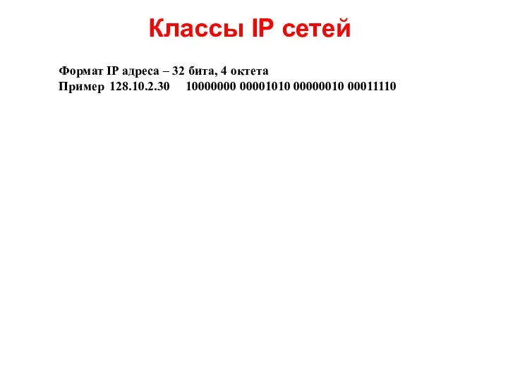 Классы IP сетей Формат IP адреса – 32 бита, 4 октета