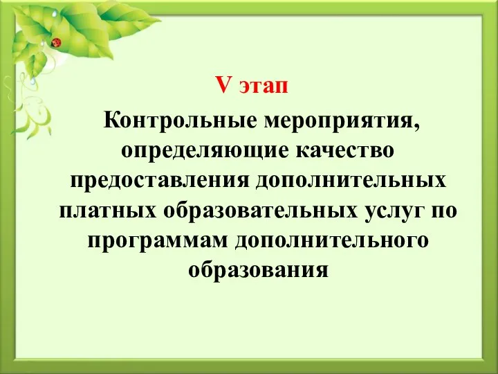 V этап Контрольные мероприятия, определяющие качество предоставления дополнительных платных образовательных услуг по программам дополнительного образования