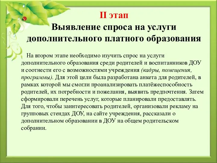 II этап Выявление спроса на услуги дополнительного платного образования На втором