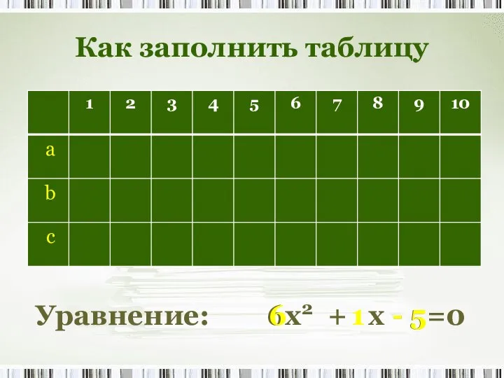 Как заполнить таблицу Уравнение: 6x2 + x - 5=0 - 5 1 6