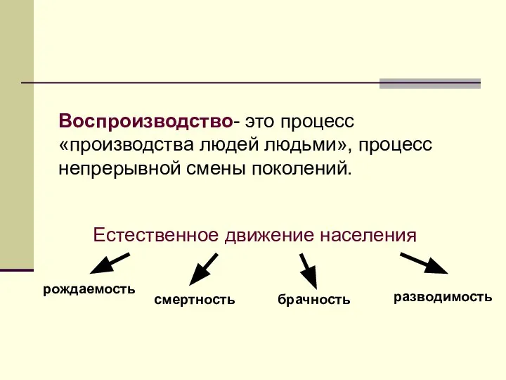 Воспроизводство- это процесс «производства людей людьми», процесс непрерывной смены поколений. Естественное