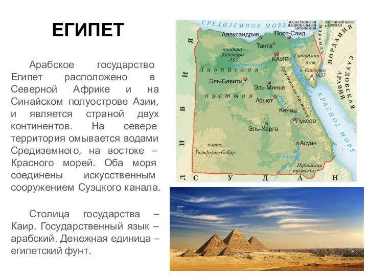 ЕГИПЕТ Арабское государство Египет расположено в Северной Африке и на Синайском