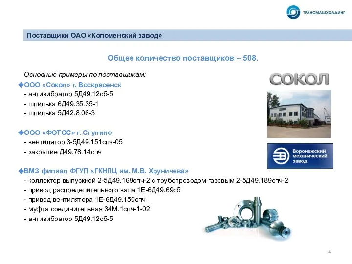 Общее количество поставщиков – 508. Основные примеры по поставщикам: ООО «Сокол»