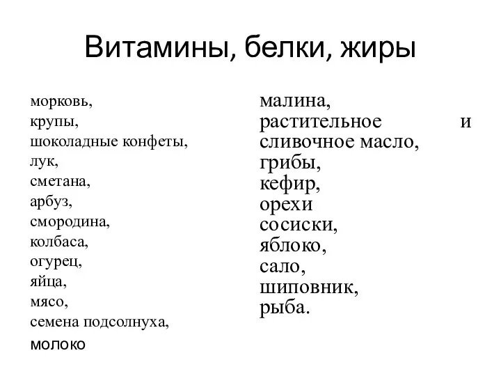 Витамины, белки, жиры малина, растительное и сливочное масло, грибы, кефир, орехи