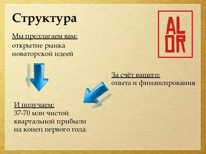 Структура Мы предлагаем вам: открытие рынка новаторской идеей За счёт вашего: