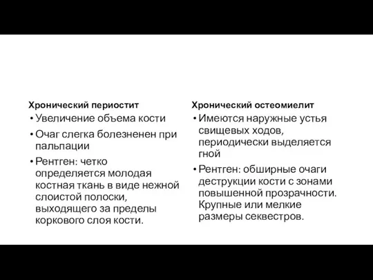 Хронический периостит Увеличение объема кости Очаг слегка болезненен при пальпации Рентген: