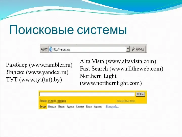 Поисковые системы Рамблер (www.rambler.ru) Яндекс (www.yandex.ru) ТУТ (www.tyt(tut).by) Alta Vista (www.altavista.com)