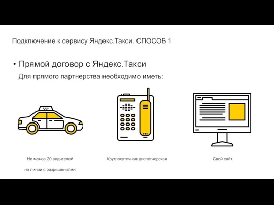 Подключение к сервису Яндекс.Такси. СПОСОБ 1 Круглосуточная диспетчерская Свой сайт Не