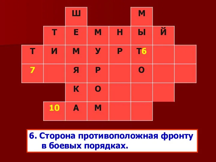 6. Сторона противоположная фронту в боевых порядках.