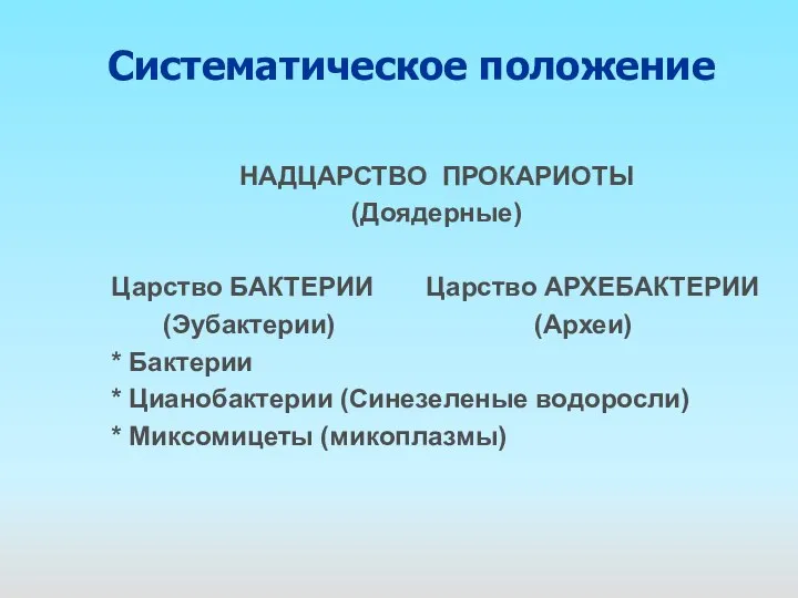 Систематическое положение НАДЦАРСТВО ПРОКАРИОТЫ (Доядерные) Царство БАКТЕРИИ Царство АРХЕБАКТЕРИИ (Эубактерии) (Археи)