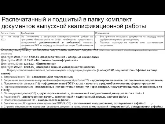 Распечатанный и подшитый в папку комплект документов выпускной квалификационной работы Каждому