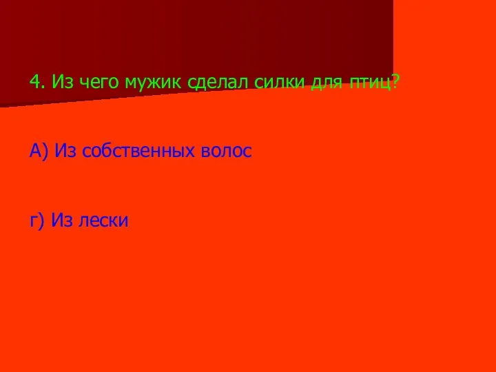 4. Из чего мужик сделал силки для птиц? А) Из собственных волос г) Из лески