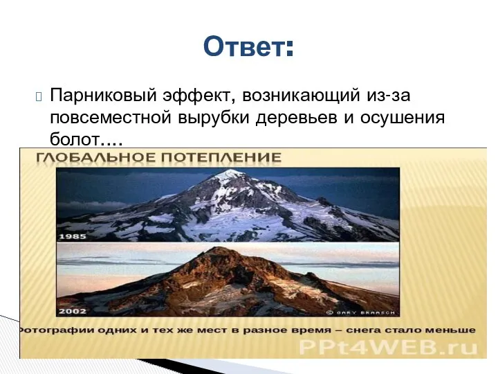 Парниковый эффект, возникающий из-за повсеместной вырубки деревьев и осушения болот.... Ответ: