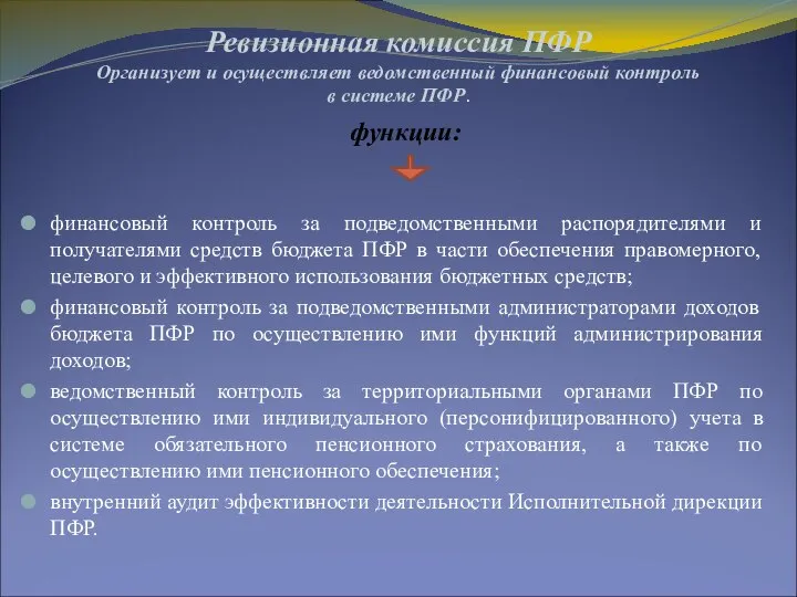 Ревизионная комиссия ПФР Организует и осуществляет ведомственный финансовый контроль в системе