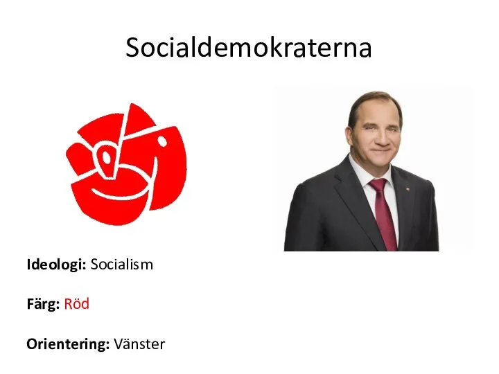 Socialdemokraterna Ideologi: Socialism Färg: Röd Orientering: Vänster