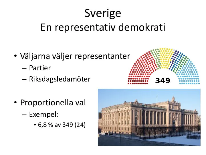 Sverige En representativ demokrati Väljarna väljer representanter Partier Riksdagsledamöter Proportionella val