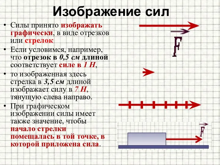 Изображение сил Силы принято изображать графически, в виде отрезков или стрелок