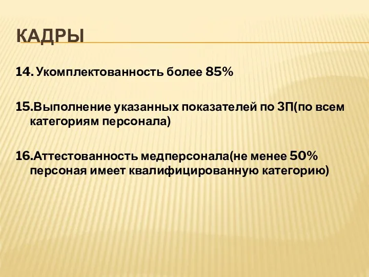 КАДРЫ 14. Укомплектованность более 85% 15.Выполнение указанных показателей по ЗП(по всем