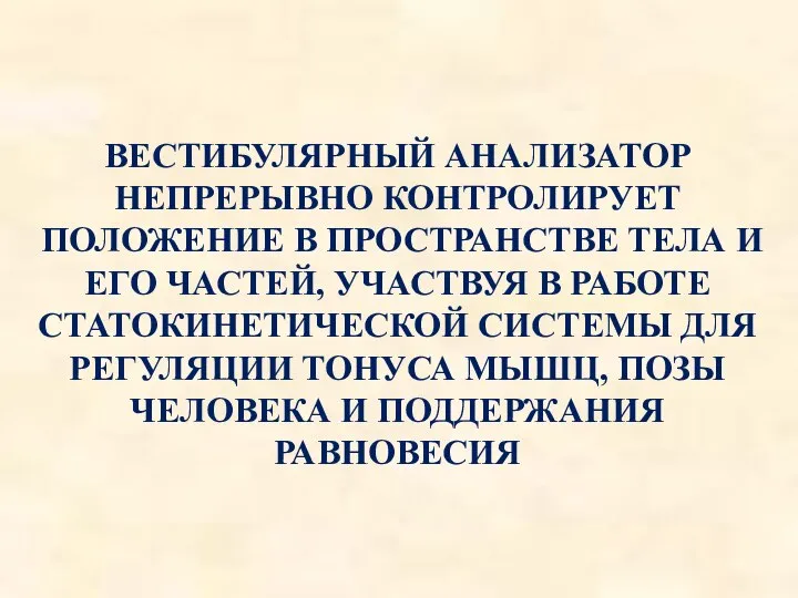 ВЕСТИБУЛЯРНЫЙ АНАЛИЗАТОР НЕПРЕРЫВНО КОНТРОЛИРУЕТ ПОЛОЖЕНИЕ В ПРОСТРАНСТВЕ ТЕЛА И ЕГО ЧАСТЕЙ,