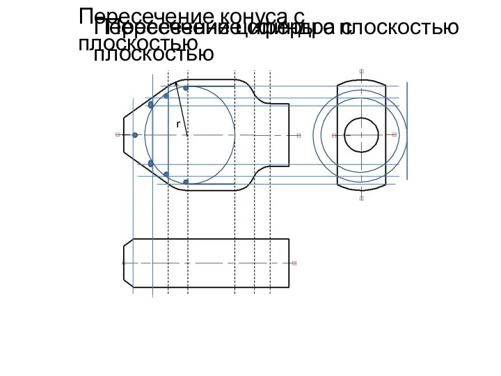 r Пересечение конуса с плоскостью Пересечение цилиндра с плоскостью Пересечение сферы с плоскостью