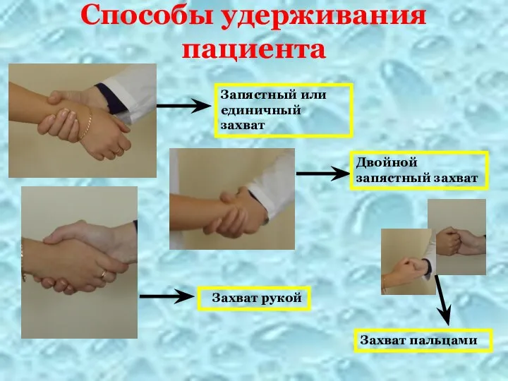 Способы удерживания пациента Запястный или единичный захват Захват рукой Двойной запястный захват Захват пальцами