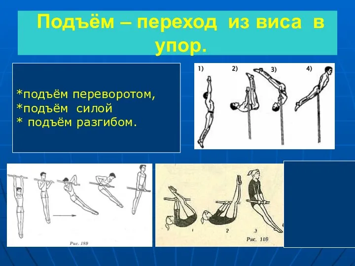 Подъём – переход из виса в упор. *подъём переворотом, *подъём силой * подъём разгибом.