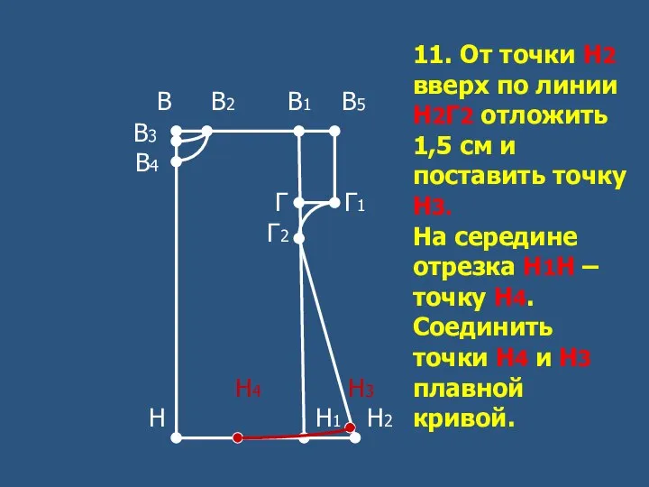 11. От точки Н2 вверх по линии Н2Г2 отложить 1,5 см