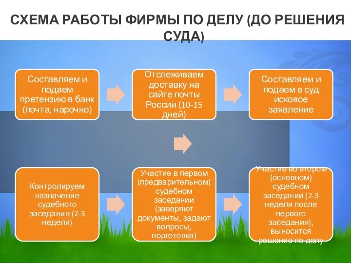 СХЕМА РАБОТЫ ФИРМЫ ПО ДЕЛУ (ДО РЕШЕНИЯ СУДА)