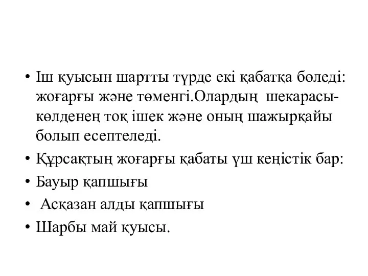 Іш қуысын шартты түрде екі қабатқа бөледі: жоғарғы және төменгі.Олардың шекарасы-көлденең