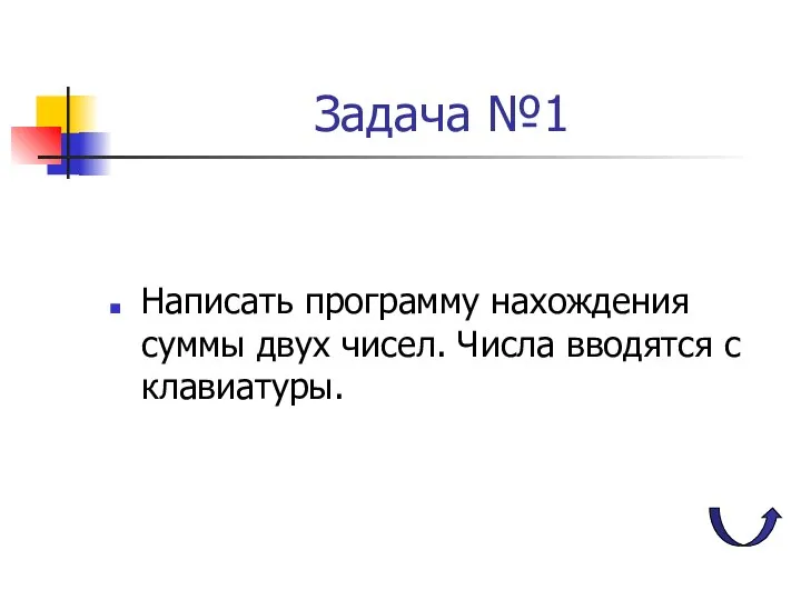 Задача №1 Написать программу нахождения суммы двух чисел. Числа вводятся с клавиатуры.