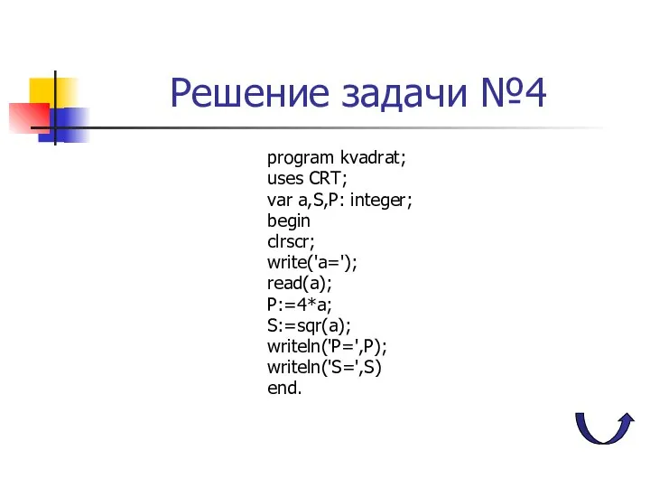 Решение задачи №4 program kvadrat; uses CRT; var a,S,P: integer; begin