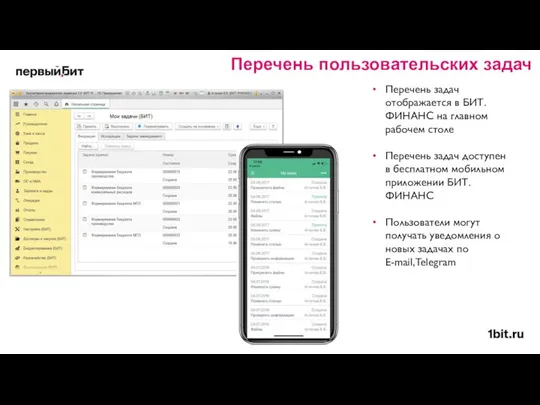 Перечень задач отображается в БИТ.ФИНАНС на главном рабочем столе Перечень задач